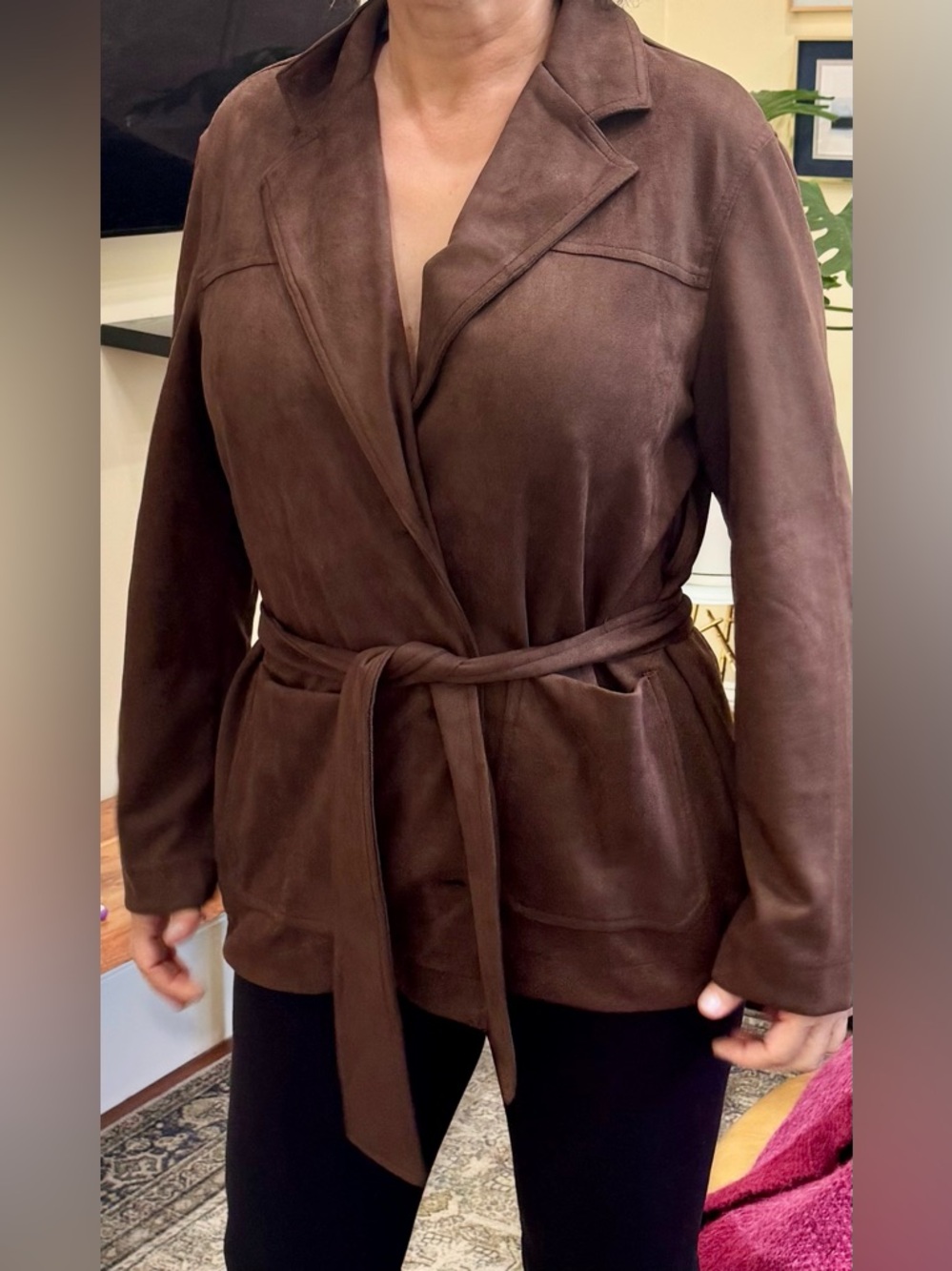 Women's Brown Suede Belted Blazer Jacket